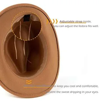 EOGIMI Western Cowboy Hats for Women Men Felt Wide Brim Panama Hat with Belt Buckle Bead Band-Camel
