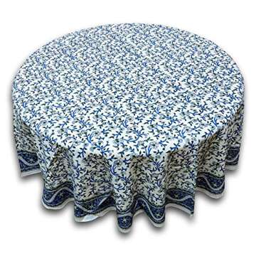 India Arts Hand Block Print Floral Tablecloth Round Cotton Table Linen Beach Sheet Beach Throw (Blue...