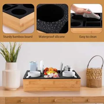 Yerliker Couch Cup Holder Tray, Silicone Couch Caddy Waterproof Anti-Spill Sofa Cup Holder for Sofa Bed Car Seat Organizer, Christmas Hold Mugs, Drinks, Snacks, Phones, Remotes(Black,Bamboo)