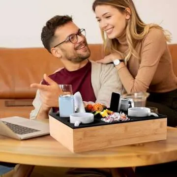 Yerliker Couch Cup Holder Tray, Silicone Couch Caddy Waterproof Anti-Spill Sofa Cup Holder for Sofa Bed Car Seat Organizer, Christmas Hold Mugs, Drinks, Snacks, Phones, Remotes(Black,Bamboo)