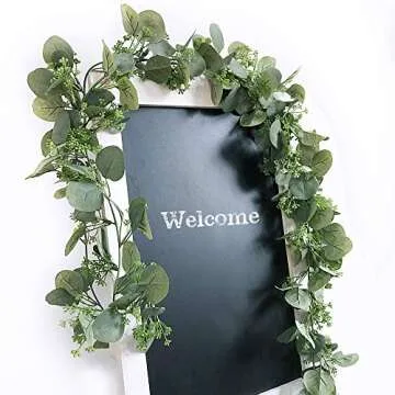6' Long Faux Seeded Eucalyptus Garland Fake Silver Dollar Eucalyptus Leaves Greenery Hanging Garland Vine Table Runner Garland Artificial Silk Eucalyptus Decorations for Wedding Christmas Holiday