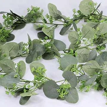 6' Long Faux Seeded Eucalyptus Garland Fake Silver Dollar Eucalyptus Leaves Greenery Hanging Garland Vine Table Runner Garland Artificial Silk Eucalyptus Decorations for Wedding Christmas Holiday