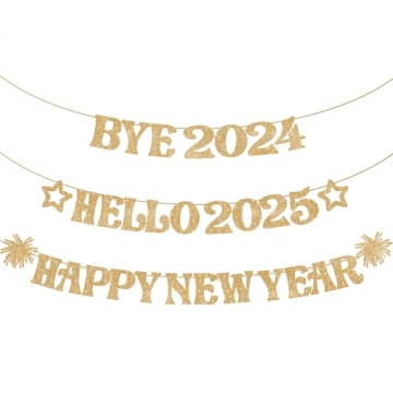 KatchOn 10 Feet Gold Glitter Bye 2024 Hello 2025 Standard Banner for New Year's Eve Celebrations