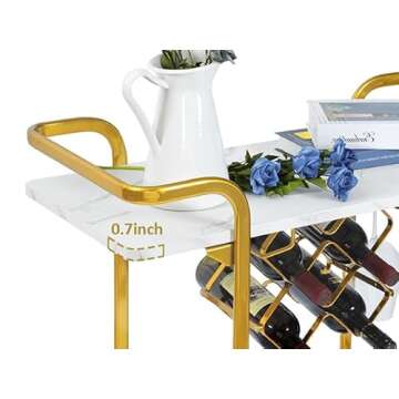 Jubao Deluxe Gold Bar Cart, 2-Tier Premium Texture Bar Cart for Kitchen and Dining Room Outdoor, with Glass Holders and 5 Wine Racks, Modern Marbled Solid Wood Cart on Silent Wheels