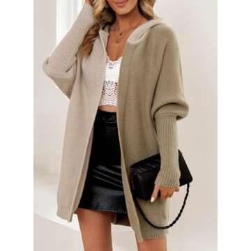 Astylish Women Hooded Color Block Open Front Cardigan Long Sleeve Sweater Outwear Deep Khaki Large