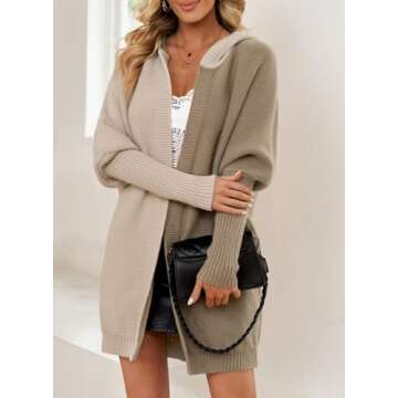 Astylish Women Hooded Color Block Open Front Cardigan Long Sleeve Sweater Outwear Deep Khaki Large