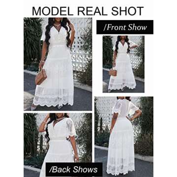 BLENCOT Womens Casual Summer Floral Lace Long Dress Short Sleeve Elegant Bohemian Dress Fashion Flowy Maxi Dress White Medium