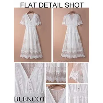 BLENCOT Womens Casual Summer Floral Lace Long Dress Short Sleeve Elegant Bohemian Dress Fashion Flowy Maxi Dress White Medium