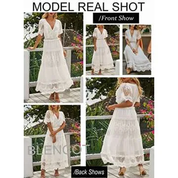 BLENCOT Womens Casual Summer Floral Lace Long Dress Short Sleeve Elegant Bohemian Dress Fashion Flowy Maxi Dress White Medium