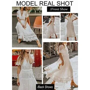 BLENCOT Womens Casual Summer Floral Lace Long Dress Short Sleeve Elegant Bohemian Dress Fashion Flowy Maxi Dress White Medium