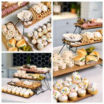 SAVEECO 4 Tier Cupcake Stand - Tiered Tray Stand for Party, Acacia Wooden Dessert Table Display Set, Decorative Tower Tray Table, Decor Cheese Charcuterie Boards Farmhouse Rustic Wood Serving Platters