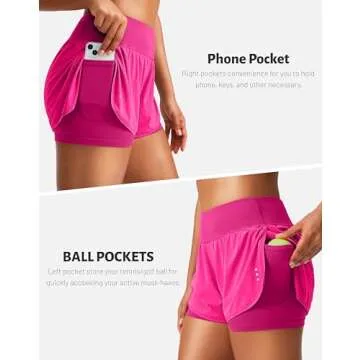 Women's 2 in 1 Running Shorts High Waisted Spandex Shorts Gym Yoga Workout Athletic Shorts for Women with Zipper Pockets Rose Red S
