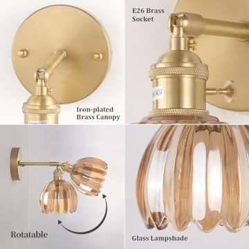 Shenmoyl Vintage Battery Operated Wall Sconce with Amber Tulip Glass Lampshade Rechargeable Battery Powered Wall Light with Remote Control for Bedside Bedroom Doorway, Set of 2