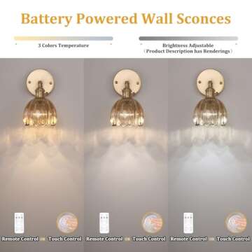 Shenmoyl Vintage Battery Operated Wall Sconce with Amber Tulip Glass Lampshade Rechargeable Battery Powered Wall Light with Remote Control for Bedside Bedroom Doorway, Set of 2