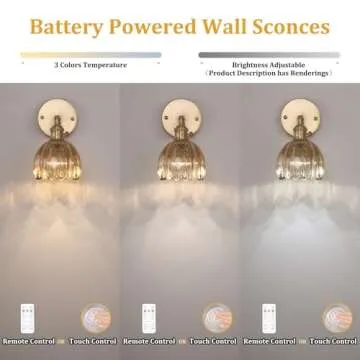 Shenmoyl Vintage Battery Operated Wall Sconce with Amber Tulip Glass Lampshade Rechargeable Battery Powered Wall Light with Remote Control for Bedside Bedroom Doorway, Set of 2