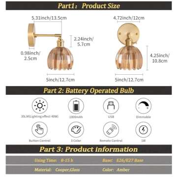 Shenmoyl Vintage Battery Operated Wall Sconce with Amber Tulip Glass Lampshade Rechargeable Battery Powered Wall Light with Remote Control for Bedside Bedroom Doorway, Set of 2