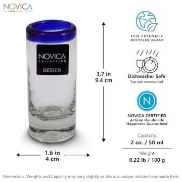 NOVICA Artisan Crafted Hand Blown Clear Blue Rim Recycled Glass Shot Glasses, 2 Oz. 'Tequila Blues' (Set Of 6)