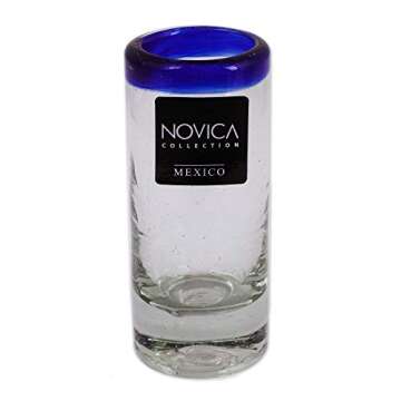 NOVICA Artisan Crafted Hand Blown Clear Blue Rim Recycled Glass Shot Glasses, 2 Oz. 'Tequila Blues' (Set Of 6)