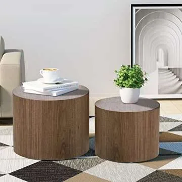 kevinplus Modern Coffee Table Nesting Side Table End Table Set of 2, Small Round Circle Midcentury Coffee Table End Table Bed Side Table for Living Room Bedroom Office (Walnut - Round)
