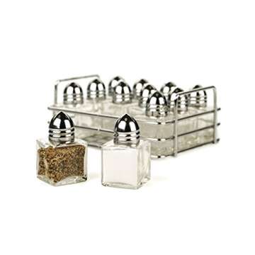 Mini Glass Salt & Pepper Shakers Set with Chrome Rack