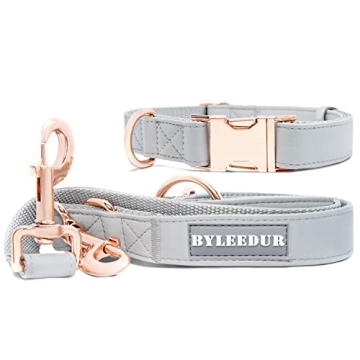 Soft Leather Dog Collar and Leash (6.6') Set – Rose Gold Metal Buckle – Multi-Function Hands Fre...