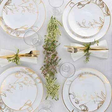 PlasticPro 60 Piece Floral Design Party Plates Set with Gold Rim - Elegant Tableware