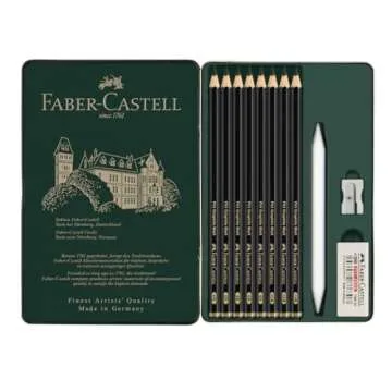 Faber-Castell Pitt Graphite Matte Pencil Set, Metal Tin of 8 Graphite Pencils and Sketching Accessories (HB, 2B, 4B, 6B, 8B, 10B, 12B, 14B), Pencil Sharpener, Eraser and Blending Stump