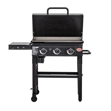 Char-Griller® Flat Iron 3-Burner Propane Gas Flat-Top Griddle with Steel Griddle Top, Hinged Lid and Wind Guards, 520 Cooking Square Inches in Black, Model 8428