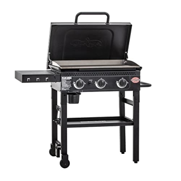 Char-Griller® Flat Iron 3-Burner Propane Gas Flat-Top Griddle with Steel Griddle Top, Hinged Lid and Wind Guards, 520 Cooking Square Inches in Black, Model 8428