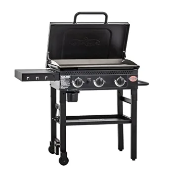 Char-Griller® Flat Iron 3-Burner Propane Gas Flat-Top Griddle with Steel Griddle Top, Hinged Lid and Wind Guards, 520 Cooking Square Inches in Black, Model 8428