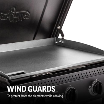 Char-Griller® Flat Iron 3-Burner Propane Gas Flat-Top Griddle with Steel Griddle Top, Hinged Lid and Wind Guards, 520 Cooking Square Inches in Black, Model 8428