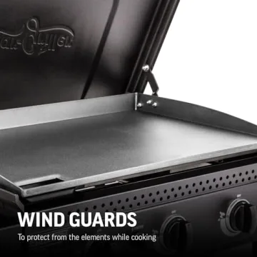 Char-Griller® Flat Iron 3-Burner Propane Gas Flat-Top Griddle with Steel Griddle Top, Hinged Lid and Wind Guards, 520 Cooking Square Inches in Black, Model 8428