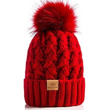 PAGE ONE Women's Chunky Cable Knit Pompom Hat.