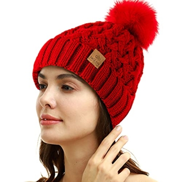 PAGE ONE Women's Chunky Cable Knit Pompom Hat.