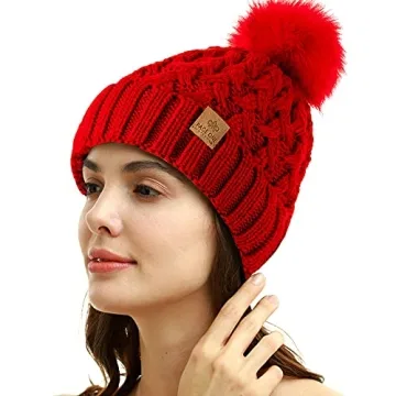 PAGE ONE Women's Chunky Cable Knit Pompom Hat.