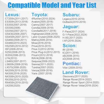 SINGARO Cabin Air Filter with Activated Carbon, CP285, CF10285, Compatible with Toyota 4 Runner, Camry, Corolla, Highlander, RAV4, Sienna, Tundra, Subaru Outback, Lexus ES, GS, GX, IS, LS, RX+ More