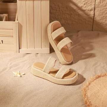 Erocalli Platform Wedge Sandal for Women Brown Espadrille Sandals Summer Beach Raffia Comfortable Cute Open Toe Dressy Party Outdoor Two Straps