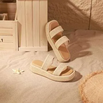 Erocalli Platform Wedge Sandal for Women Brown Espadrille Sandals Summer Beach Raffia Comfortable Cute Open Toe Dressy Party Outdoor Two Straps