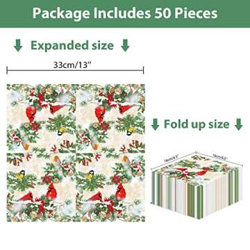 50pcs Christmas Cardinal Guest Napkins 3 Ply Disposable Paper Pack Red Cardinal Bird Paper Luncheon Dinner Hand Napkins Cardinals Birthday Party Decor Bird Party Supplies