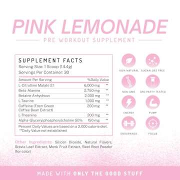 PWDRS Pre-Workout Powder, All Natural Pre Workout for Energy, Pump, Endurance & Strength, with Caffeine (Pink Lemonade)