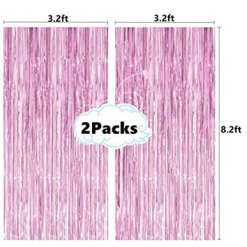 2 Pcs 3.2ft x 8.2ft Shiny Pink Metallic Tinsel Foil Fringe Curtains Photo Booth Pink Backdrop for Bi...
