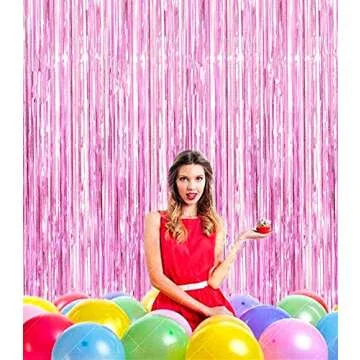 2 Pcs 3.2ft x 8.2ft Shiny Pink Metallic Tinsel Foil Fringe Curtains Photo Booth Pink Backdrop for Birthday Wedding Bridal Shower Baby Shower Bachelorette Party Decorations