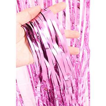 2 Pcs 3.2ft x 8.2ft Shiny Pink Metallic Tinsel Foil Fringe Curtains Photo Booth Pink Backdrop for Birthday Wedding Bridal Shower Baby Shower Bachelorette Party Decorations