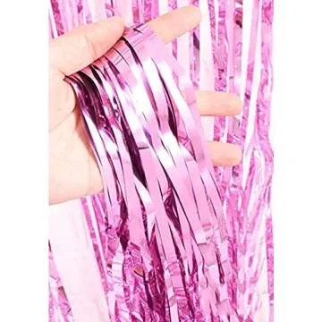 2 Pcs 3.2ft x 8.2ft Shiny Pink Metallic Tinsel Foil Fringe Curtains Photo Booth Pink Backdrop for Birthday Wedding Bridal Shower Baby Shower Bachelorette Party Decorations