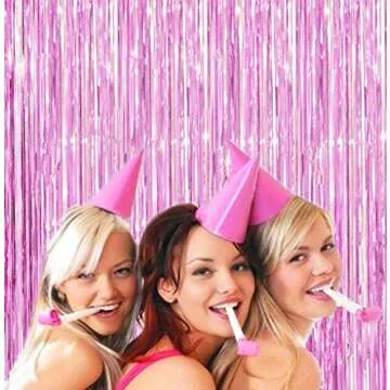 2 Pcs 3.2ft x 8.2ft Shiny Pink Metallic Tinsel Foil Fringe Curtains Photo Booth Pink Backdrop for Birthday Wedding Bridal Shower Baby Shower Bachelorette Party Decorations