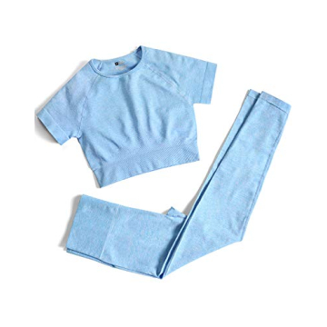 PINKSAVIOR Workout Sets for Women Two Piece Outfits Seamless High Waist Leggings Yoga Crop Tops Athletic Sports Gym Sets(P005M-Light blue
