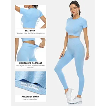 PINKSAVIOR Workout Sets for Women Two Piece Outfits Seamless High Waist Leggings Yoga Crop Tops Athletic Sports Gym Sets(P005M-Light blue