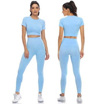 PINKSAVIOR Workout Sets for Women Two Piece Outfits Seamless High Waist Leggings Yoga Crop Tops Athletic Sports Gym Sets(P005M-Light blue