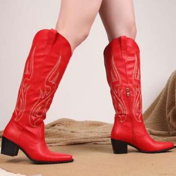 Pasuot Red Cowboy Boots for Women - Stylish and Comfortable