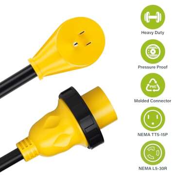 GearIT 30 Amp to 15 Amp 110 Volt RV Adapter Cord with Locking Connector, 30Amp Female to 15Amp Male Dogbone RV Trailer Camper, NEMA 5-15P L5-30R, STW 10 Gauge Heavy Duty Electrical Power - 12in, 1ft